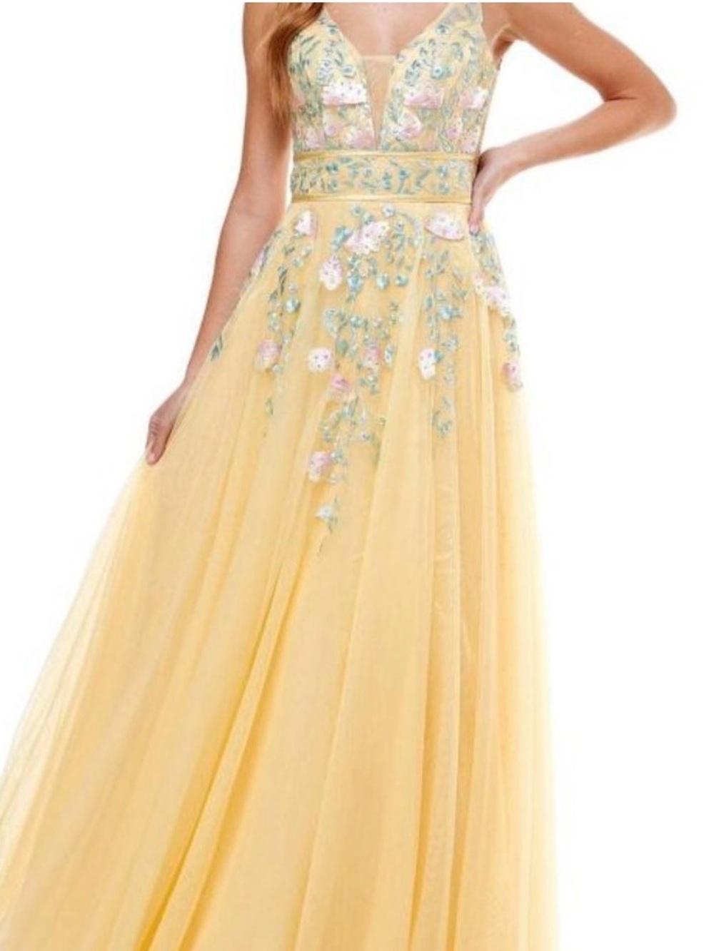 Formal Embellished Backless Yellow Floral Embroidered Tulle Evening Prom Gown
